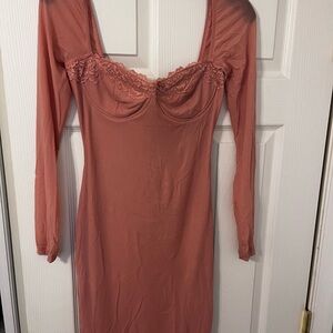 Fashion Nova Long Sleeve Lace Dress in Pink